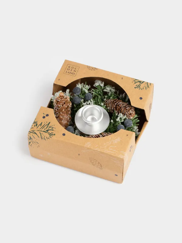 Подсвечник, 15 см, для тонкой свечи, ПВХ/металл, Синие ягоды и шишки, Snowy blue berry, image-5