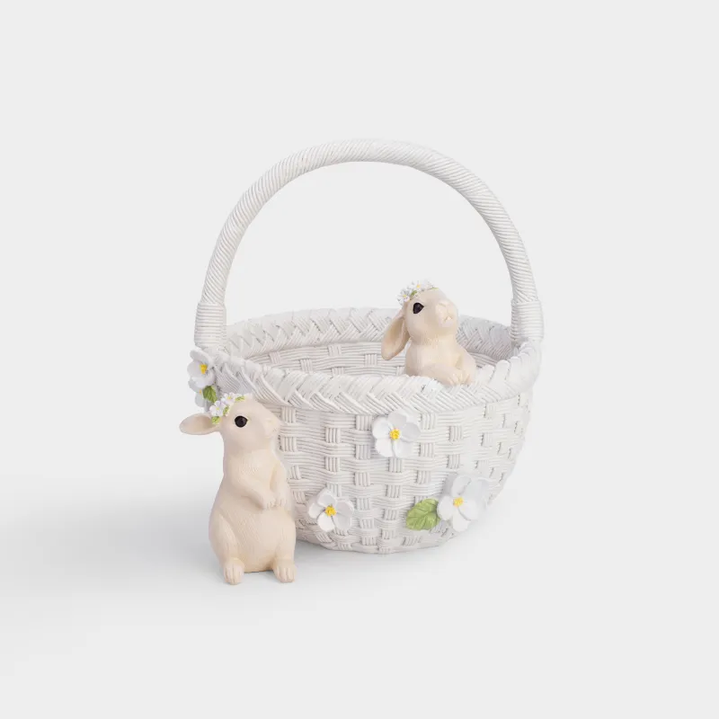 Конфетница, 21х24 см, с ручкой, полирезин, белая, Кролики в корзинке с цветами, Natural Easter