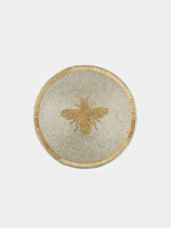 Салфетка под приборы, 36 см, бисер, круглая, молочно-золотистая, Пчела, Art beads, image-0