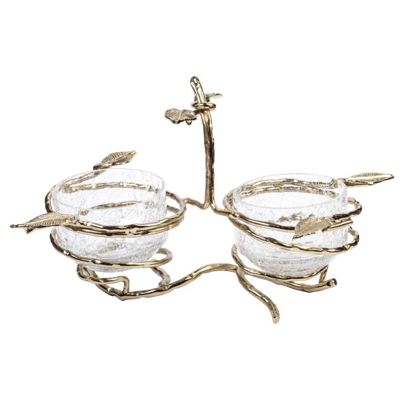 Подставка для закусок, 26х17 см, 2 пр, с ручкой, стекло/металл, Ветви, Fantastic gold, image-0
