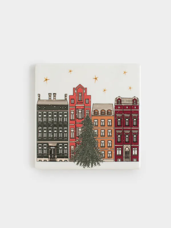 Подставка под кружку, 11х11 см, квадратная, керамика/пробка, Город, House built, image-0