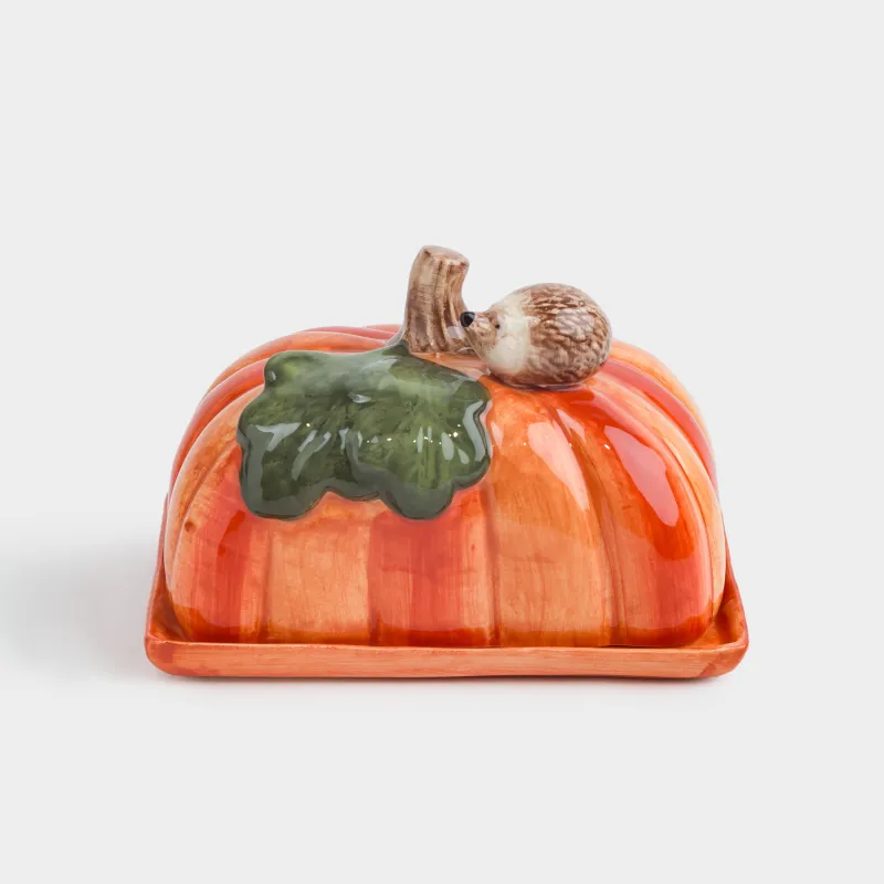 Масленка, 15 см, керамика, прямоугольная, оранжевая, Еж на тыкве, Forest symphony