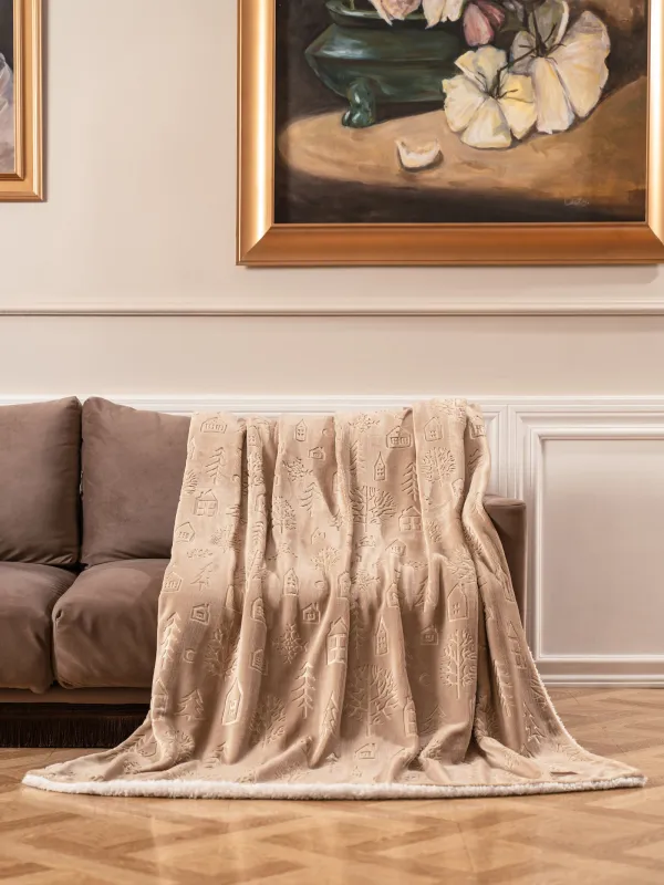 Плед, 130х170 см, фланель, бежевый, Дома и ели, Flannel, image-0