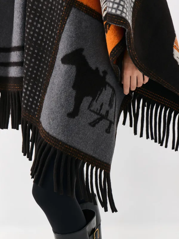 Пончо с бахромой, черно-оранжевое, Poncho, image-4