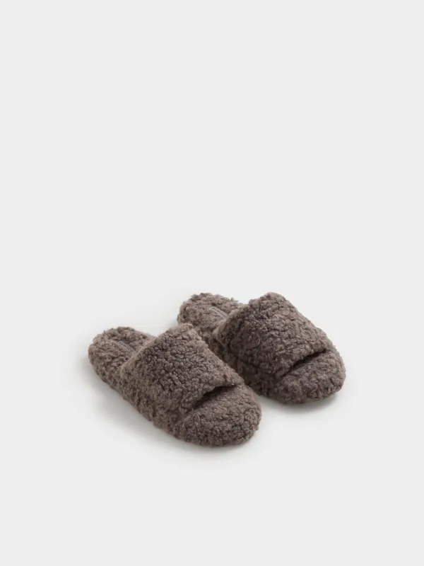 Тапочки открытые из кудрявого экомеха, Comfy plush, image-4