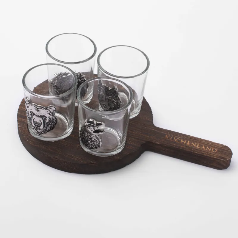 Стопка для водки, 80 мл, 4 шт, на подставке, стекло/металл/дерево, Орел и звери, Lux elements decor, image-1