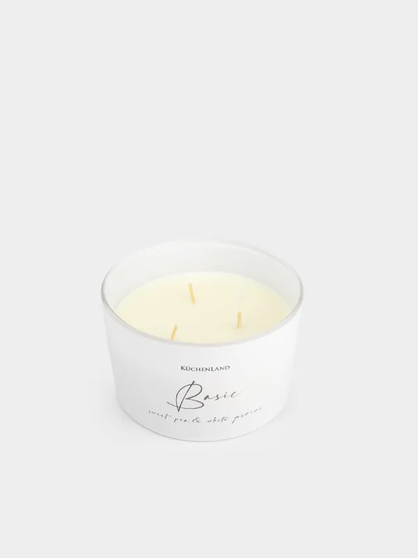 Свеча ароматическая, 13x9 см, три фитиля, в подсвечнике, с крышкой, стекло, Sweet Pea&White Jasmine, Basic, image-1