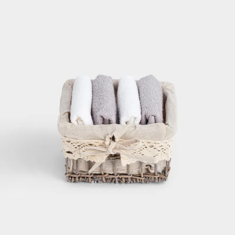 Полотенце, 30х30 см, 4 шт, в корзине, хлопок/дерево, белое/серое, Basket towel