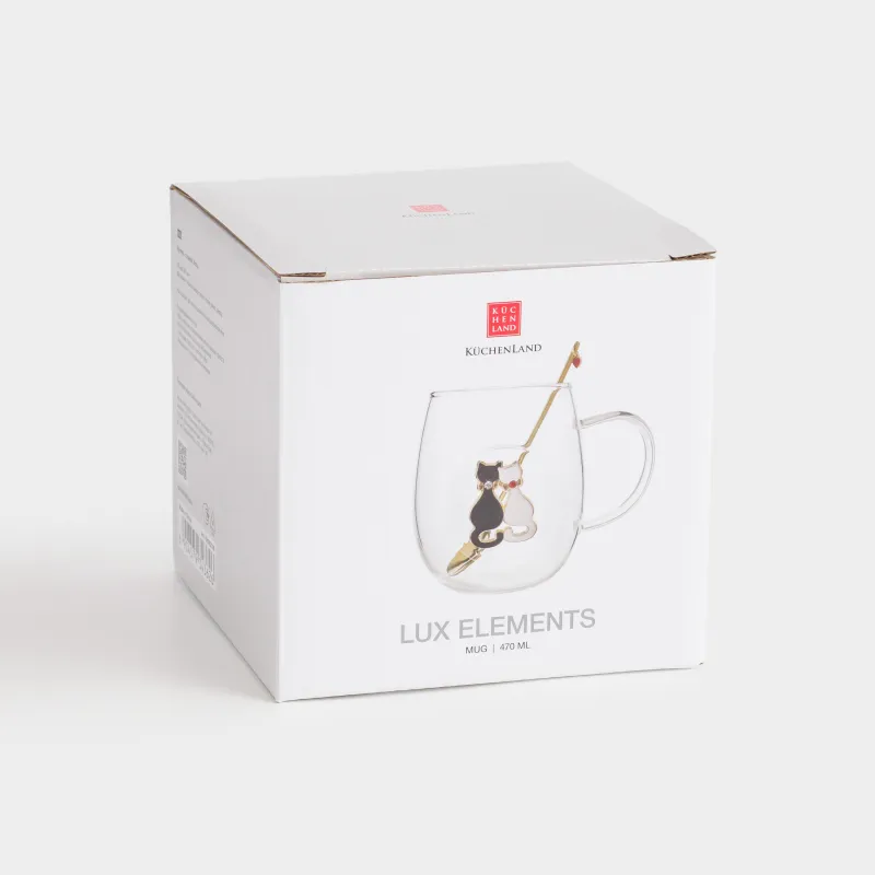 Кружка, 470 мл, с ложкой, стекло Б/металл, Коты, Lux elements, image-4
