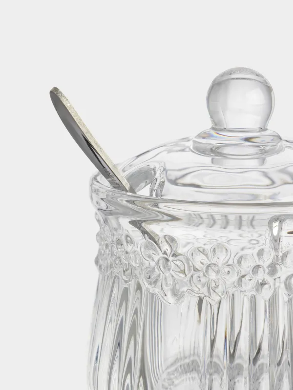 Сахарница, 11 см, 150 мл, с ложкой, стекло Р/металл, Цветы, Clear pattern, image-1