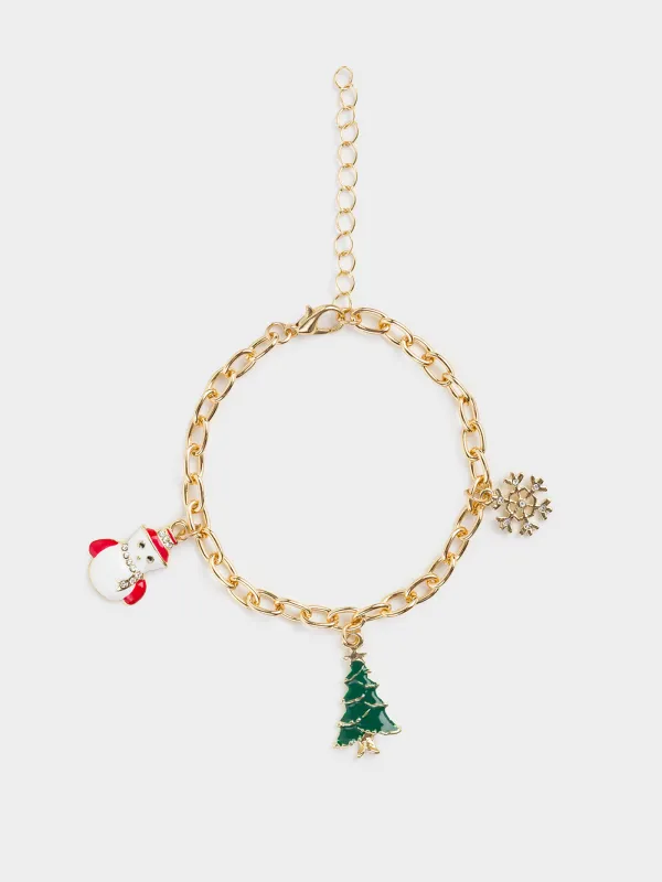 Браслет, 23 см, с подвесками, металл, золотистый, Елка и снеговик, Jewelry christmas, image-0