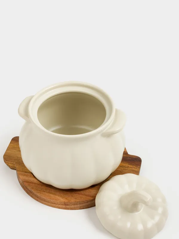 Кокотница, 13 см, 530 мл, с крышкой, на подставке, керамика/дерево, кремовая, Тыква, Gourd, image-3