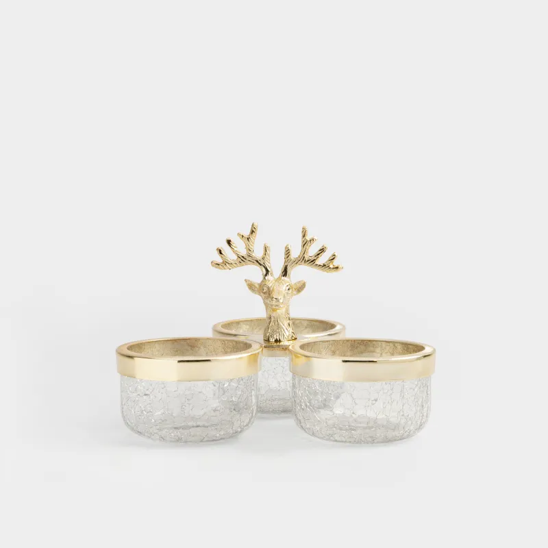 Менажница, с декором, 23х15 см, 3 отд, с ручкой, стекло/металл, золотистая, Олень, Arctic deer