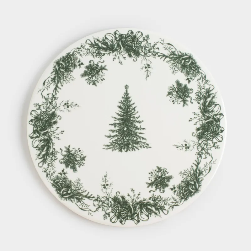 Подставка под горячее, 20 см, керамика/пробка, круглая, бело-зеленая, Елка, Winter lace