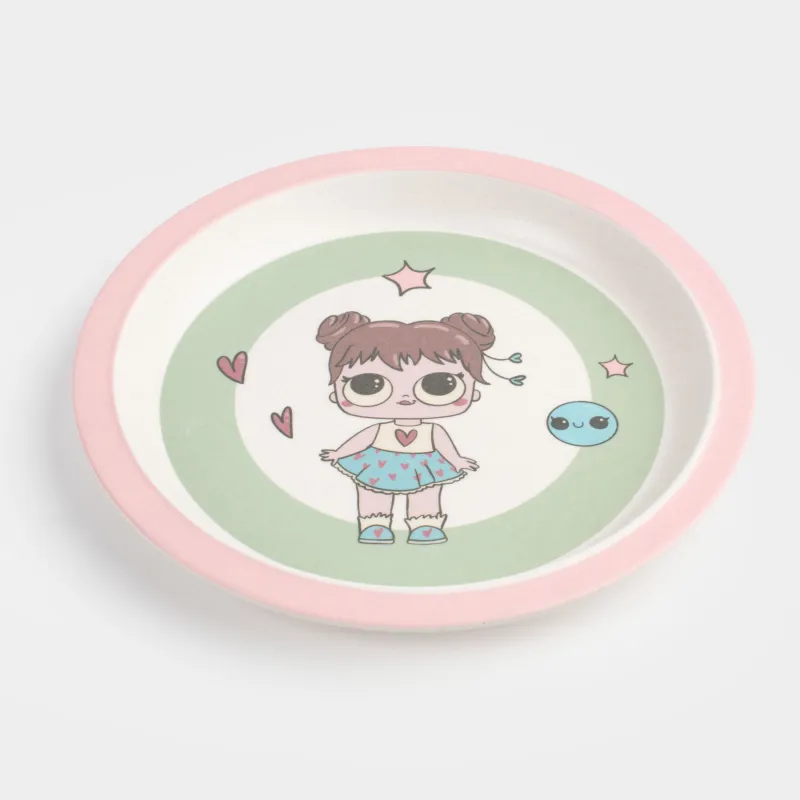 Тарелка закусочная, детская, 21 см, бамбук, розово-зеленая, Девочка в платье, Sweet loli, image-1