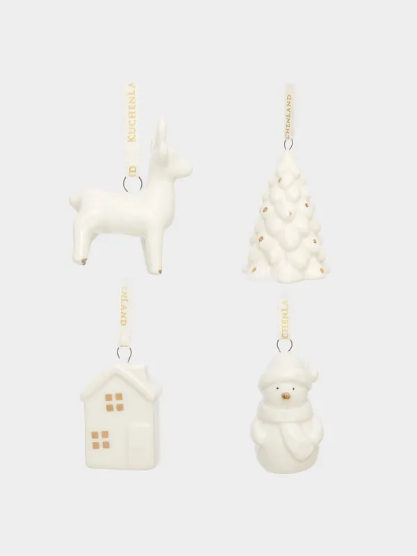 Набор елочных игрушек, 5 см, 4 шт, фарфор P, белый, Дом/Ель/Снеговик/Олень, Figure christmas, image-0