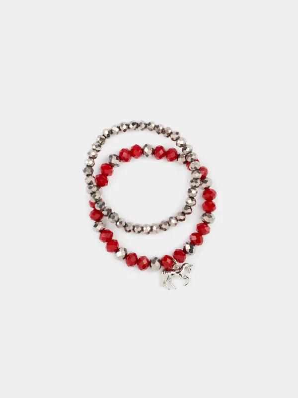 Набор браслетов, 18 см, 2 шт, стекло/металл, серебристо-красный, Лошадь, Pearl color, image-0