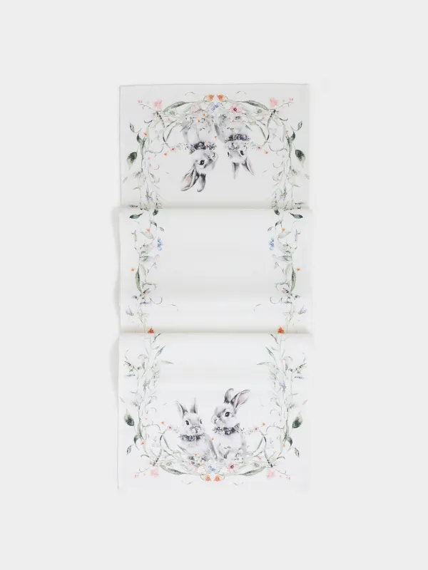 Дорожка настольная, полиэстер, белая, Rabbits in flower, image-0