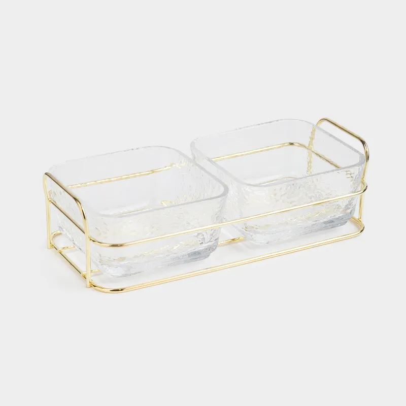 Набор для закусок, 2 пр, на подставке с ручками, стекло/металл, золотистый, Twist gold