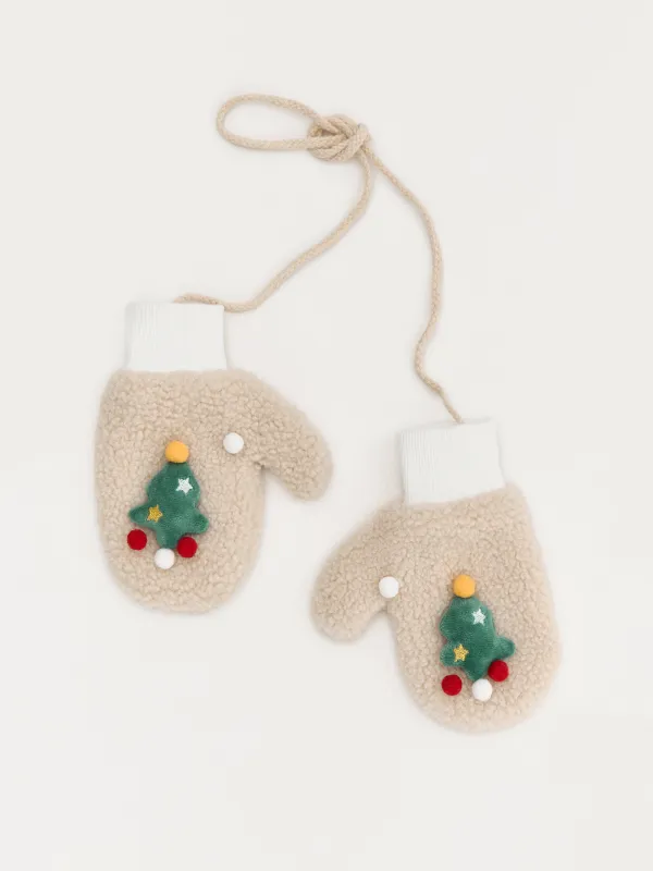 Варежки детские, единый размер, шерпа, бежевые, Елочки, Plush, image-0
