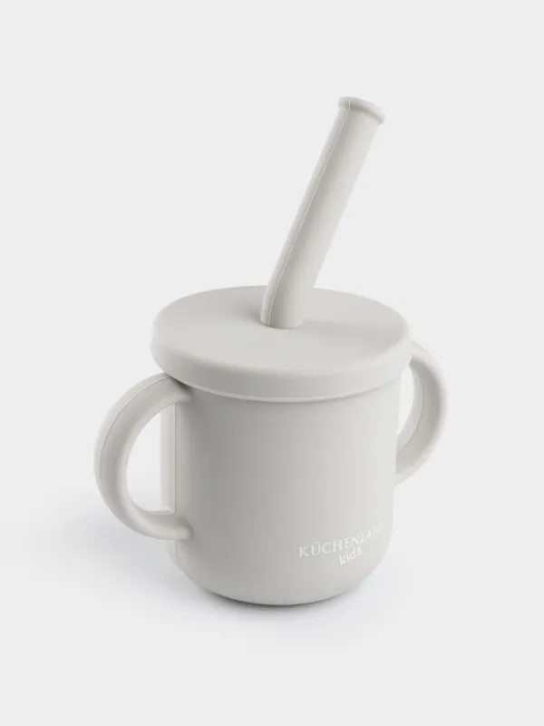 Поильник, детский, 150 мл, с ручками, с трубочкой, силикон, серый, Kiddy, image-2