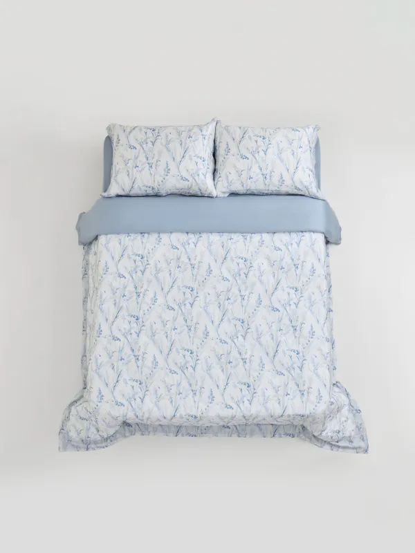 КПБ евро, тенсель 300 ТС, бело-голубой, Полевые цветы, Tencel, image-0