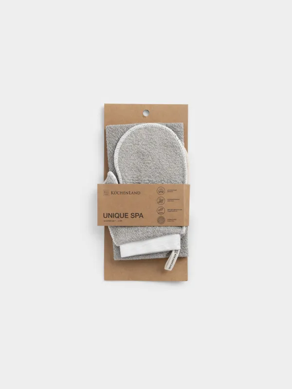 Набор для душа, 2 пр, мочалка-лента/мочалка-варежка, нейлон/хлопок, серый, Unique spa, image-4