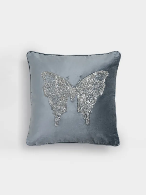 Подушка декоративная, 50х50 см, вельвет/бисер, серая, Бабочка, Bugs, image-0