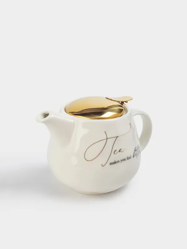 Чайник заварочный, 500 мл, фарфор P/сталь, молочно-золотистый, Мятый эффект, Crumple kitchen, image-1