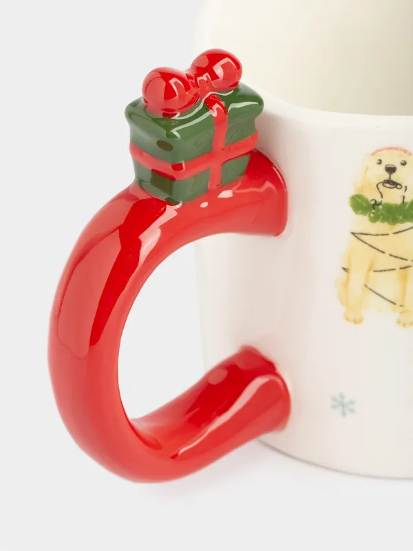 Кружка, 370 мл, керамика D, молочно-красная, Собаки с подарками, Christmas dog, image-2
