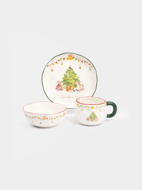 Набор посуды, детский, 1 перс, 3 пр, керамика D, красно-зеленый, Мишка у елки, Christmas friends, image-0