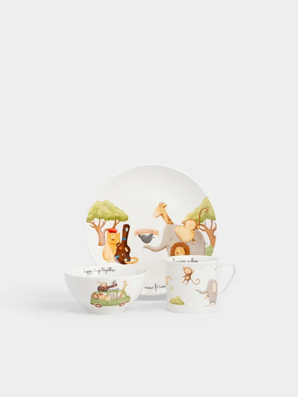 Набор посуды, детский, 1 перс, 3 пр, фарфор N, белый, Музыкальные животные, Jungle, image-0