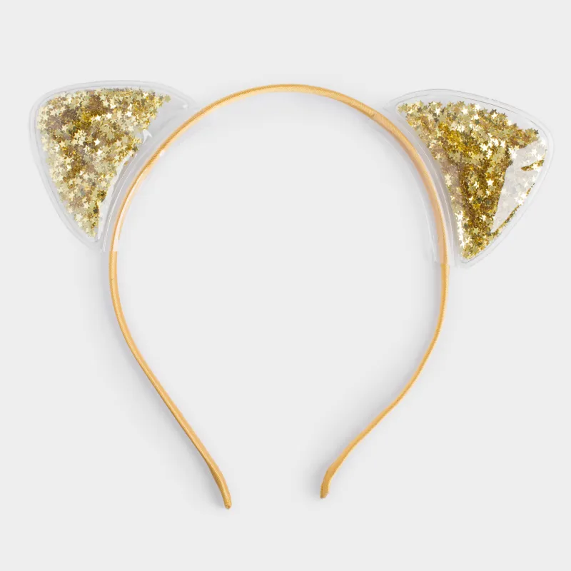 Ободок карнавальный, 16х20 см, детский, полиэстер/ПВХ, шампань, Ушки с блестками, Cat
