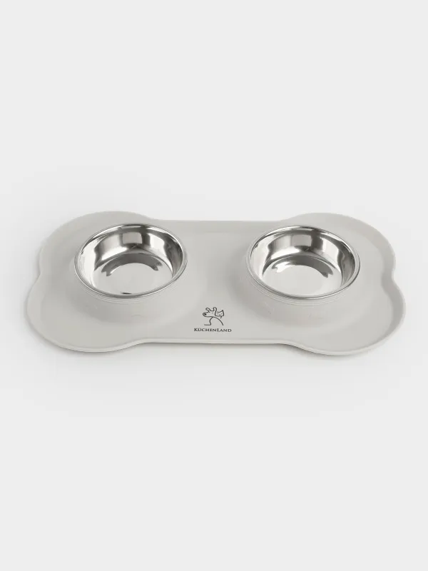 Миска для животных, 35х21 см, 170 мл, двойная, на подставке, сталь/силикон, серая, Favorite pet, image-0