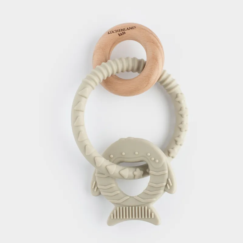 Игрушка-прорезыватель, 2 подвески, на кольце, силикон/дерево, серая, Рыбка и кольцо, Kiddy, image-4