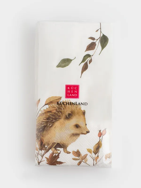 Салфетки бумажные, 33х33 см, 20 шт, прямоугольные, белые, Еж и листья, Hedgehog in leaves, image-3