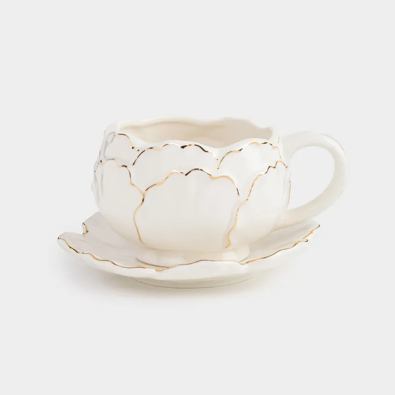 Пара чайная для завтрака, 1 перс, 2 пр, 400 мл, фарфор P, молочно-золотистая, Пион, Bloome