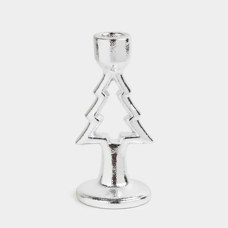 Подсвечник, 15 см, для тонкой свечи, на ножке, керамика, серебристый, Елка, Silver style