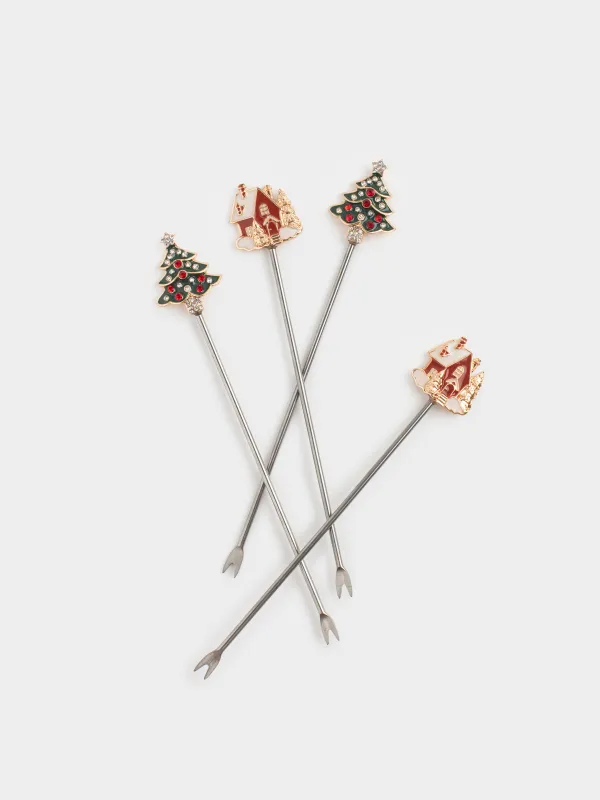 Шпажка для канапе, 12 см, 4 шт, металл, золотистая/зеленая, Дом/Елка, Christmas house, image-2