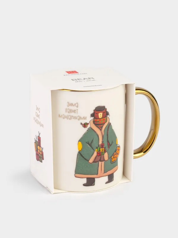 Кружка, 350 мл, фарфор N, бело-золотистая, Медведь и мандарины, Bear, image-4
