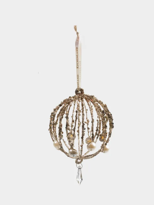 Игрушка елочная, 10 см, металл, шампань, Шар с жемчугом, Ball pattern, image-1