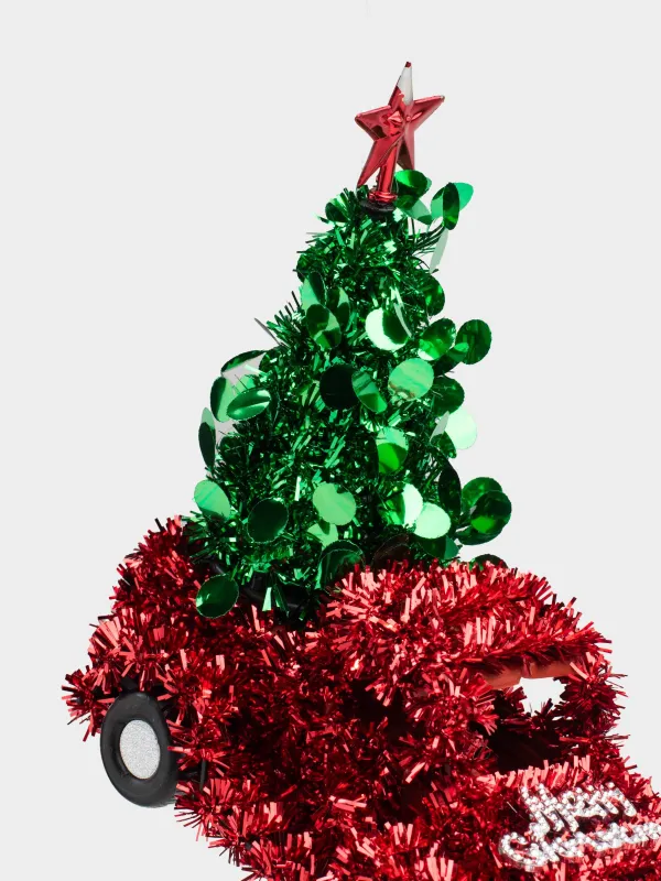 Игрушка елочная, 15 см, мишура/пластик, красная, Машина с елью, Tinsel christmas, image-2