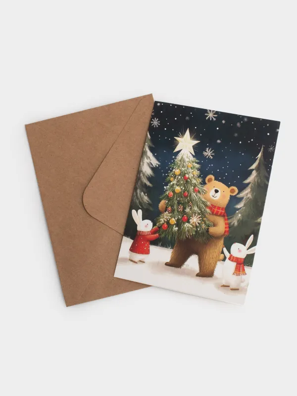 Открытка подарочная, 12х17 см, бумага, сине-молочная, Мишка и зайцы, Friends forest, image-5