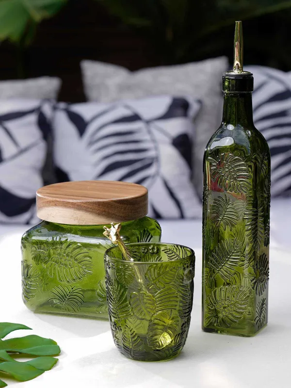 Бутылка для масла или уксуса, 500 мл, с дозатором, стекло Р/металл, зеленая, Монстера, Tropical leaves, image-6