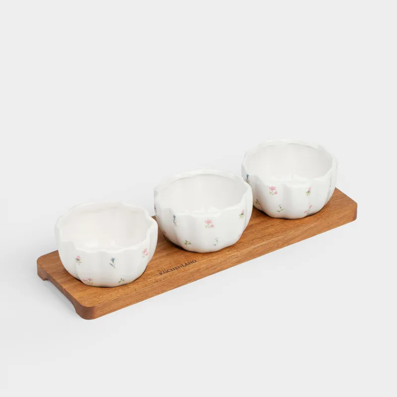 Набор для закусок, 3 пр, на подставке, керамика/дерево, белый, Нежные цветы, El floria
