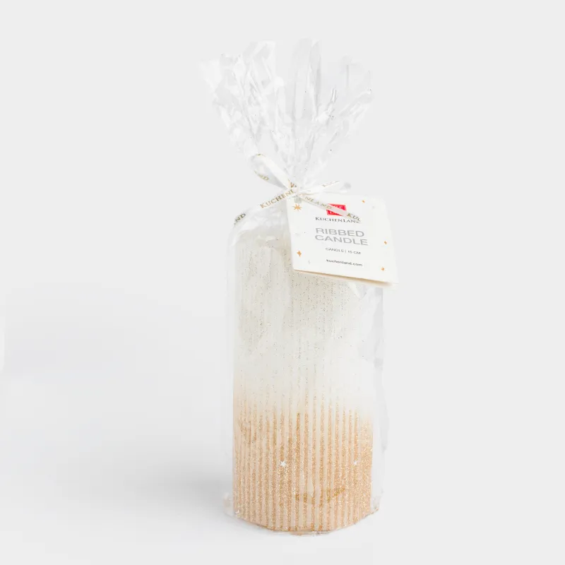 Свеча, 15 см, цилиндрическая, с блестками, молочно-золотистая, Ribbed candle, image-4