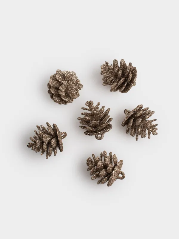 Игрушка елочная, 4 см, 6 шт, пластик, с блестками, бронзовая, Шишка, Pine christmas, image-2