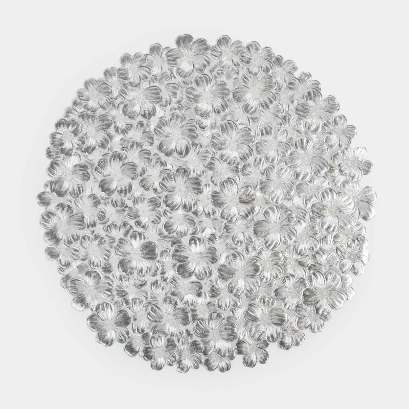 Салфетка под приборы, 38 см, ПВХ, круглая, серебристая, Цветы, Azhur Grid