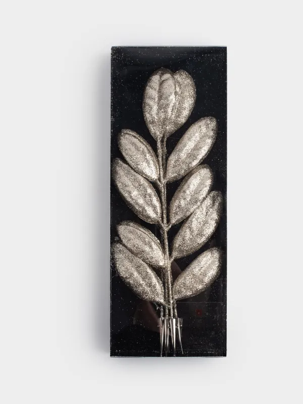 Ветка декоративная, 30 см, 6 шт, на клипсе, пластик/металл, шампань, Листья, Broadleaf decor, image-4