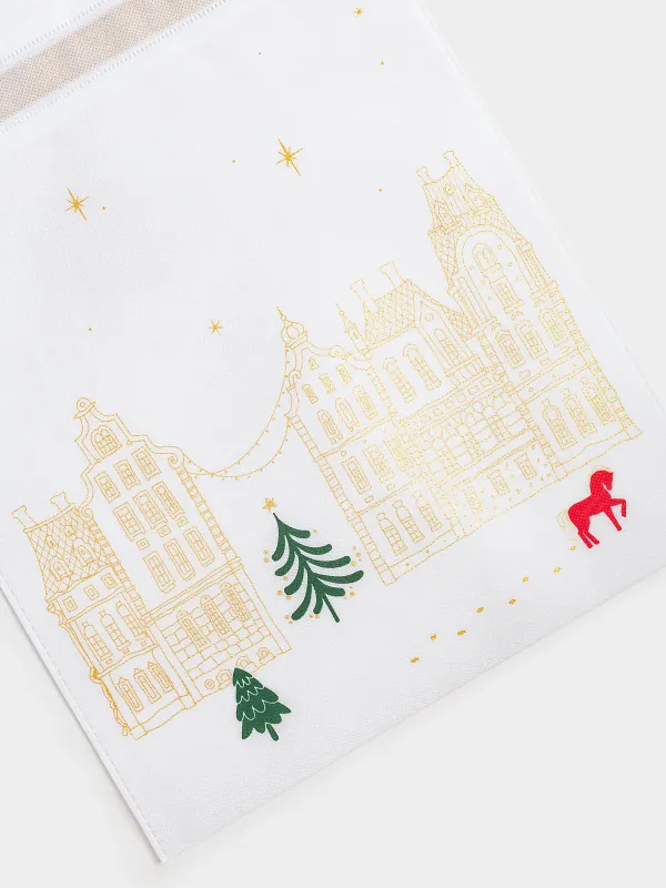 Мешок подарочный, 40х56 см, с завязками, полипропилен, белый, Домики и лошадь, Snow sparks, image-1